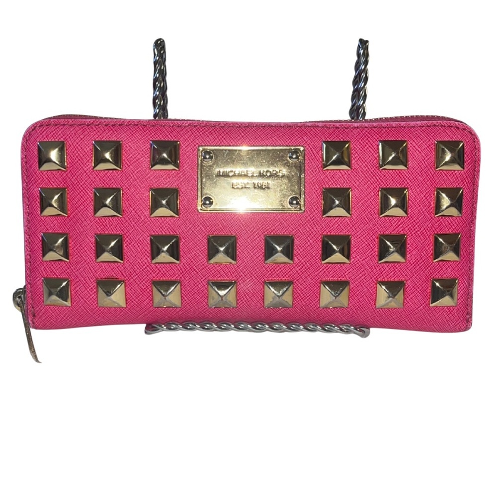 Michael Kors Fuchsia Pink Pyramid Studded Continental Zip Wallet - Picture 15 of 16